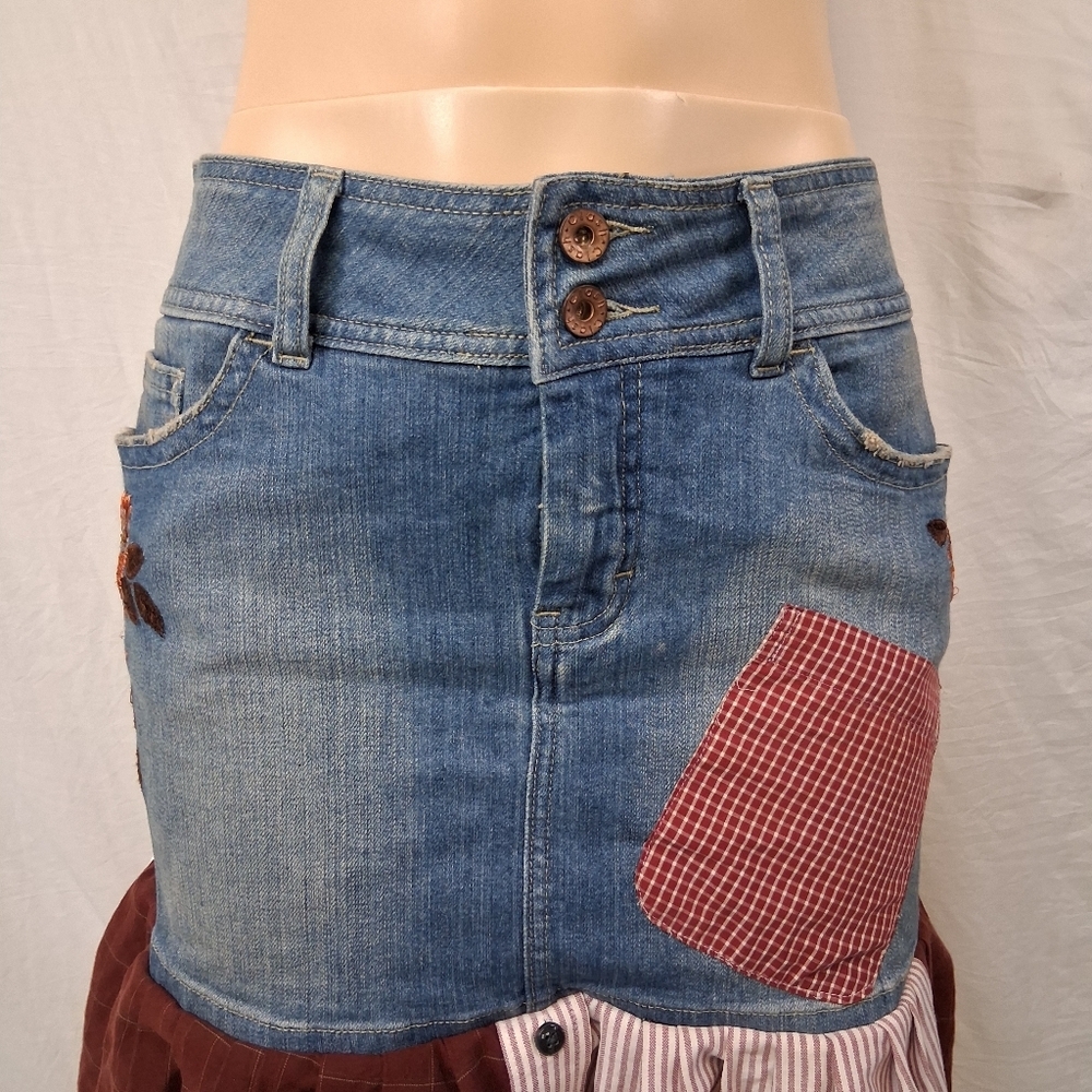 Clash Jeans Ash Patchwork Denim Mini Skirt in Blue, Brown and Cream Size L - Picture 6 of 16